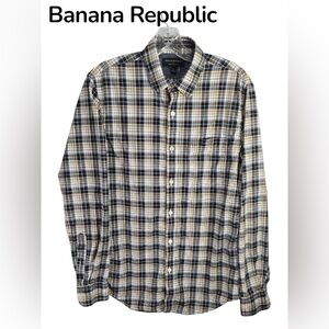 Banana Republic Plaid Button-Down Shirt in Black, Tan & White Mens Size Small